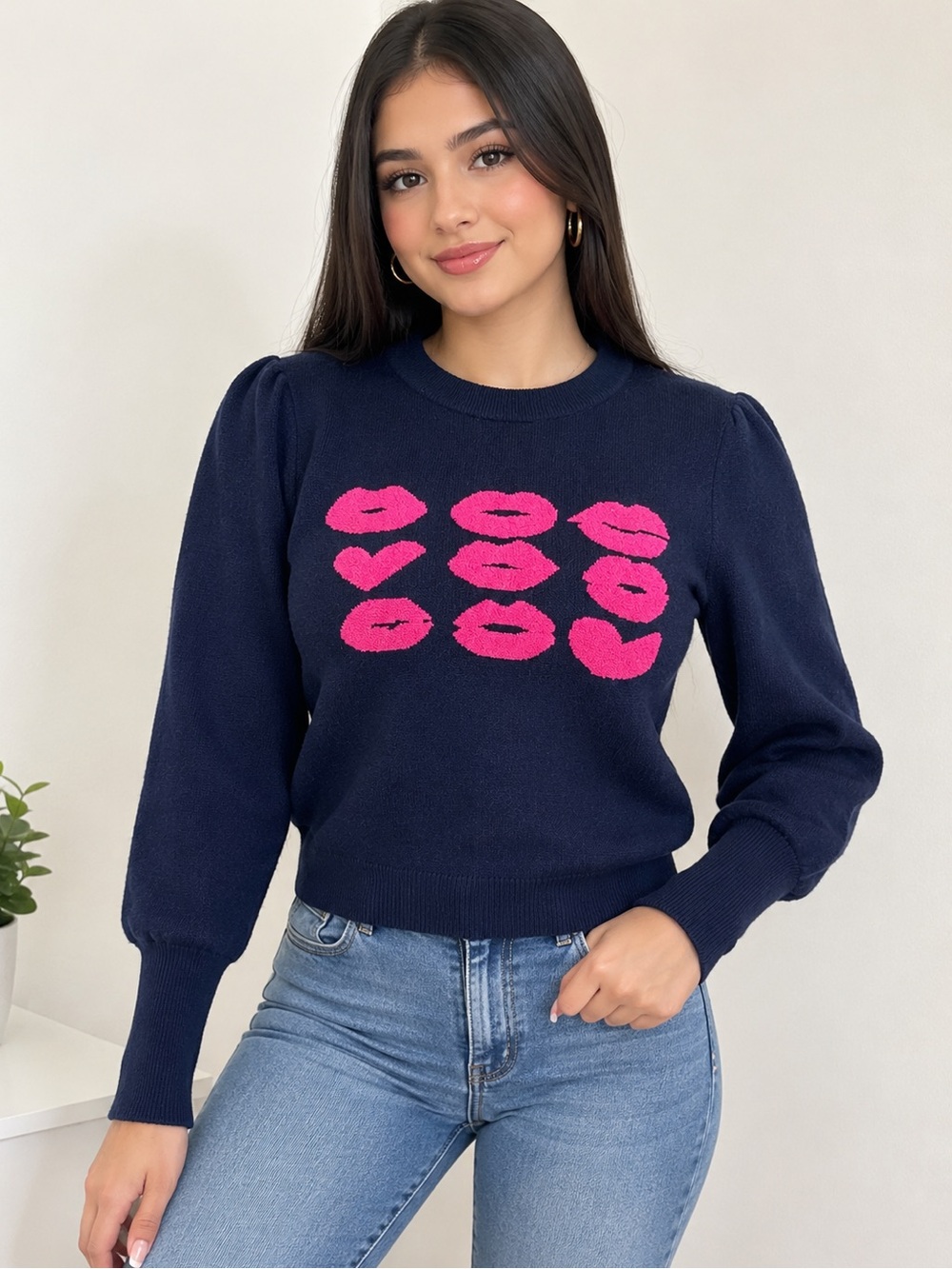 Nanette Lepore Navy Sweater with Hot Pink Kiss Motif
